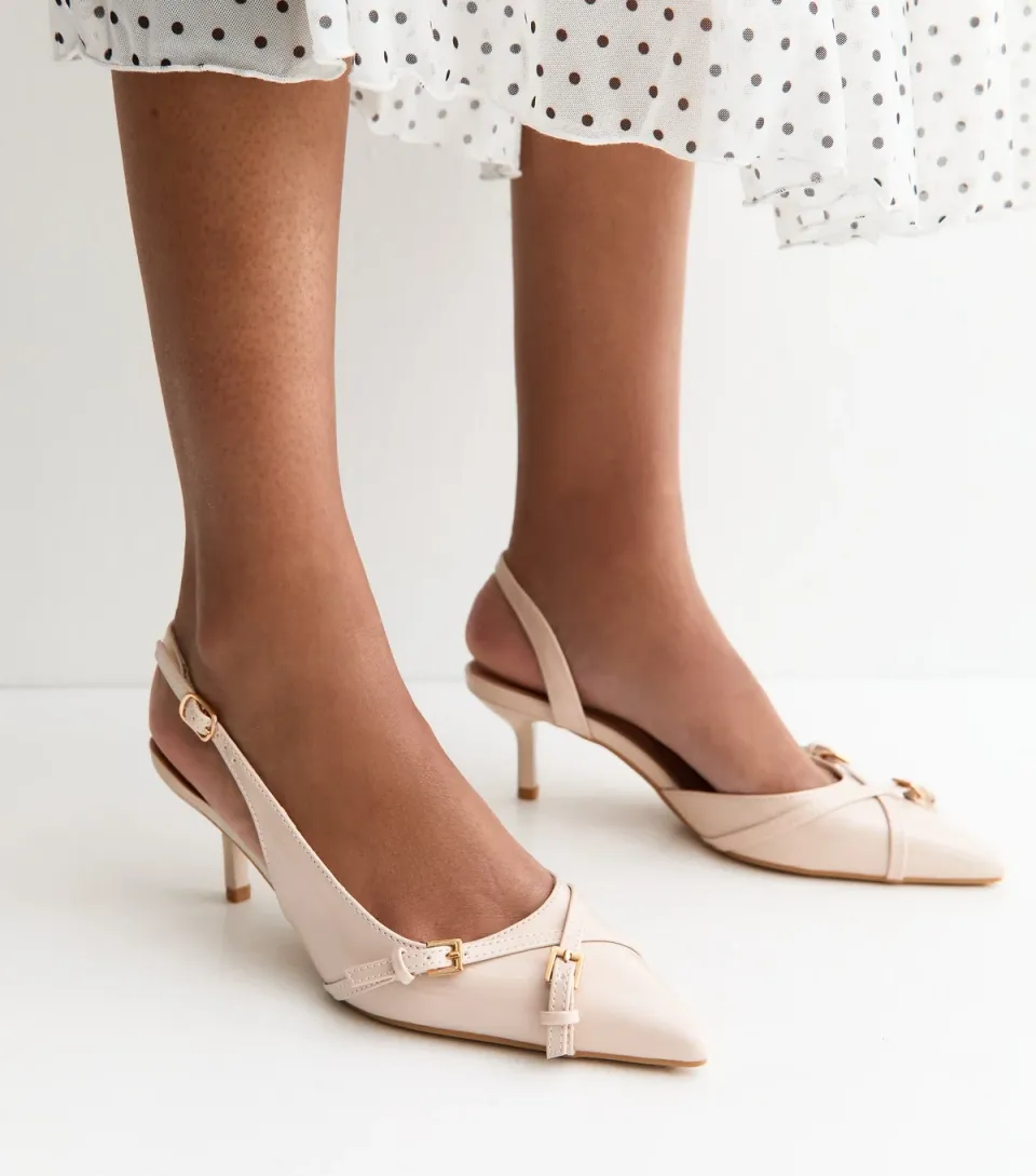 Women's Off White Buckle Detail Patent Slingback Court Shoes Vegan