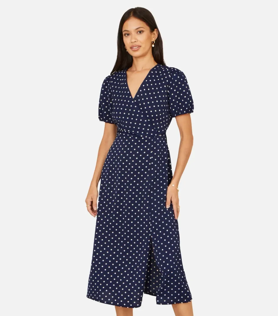 Women's Navy Spot Wrap Midi Tea Dress