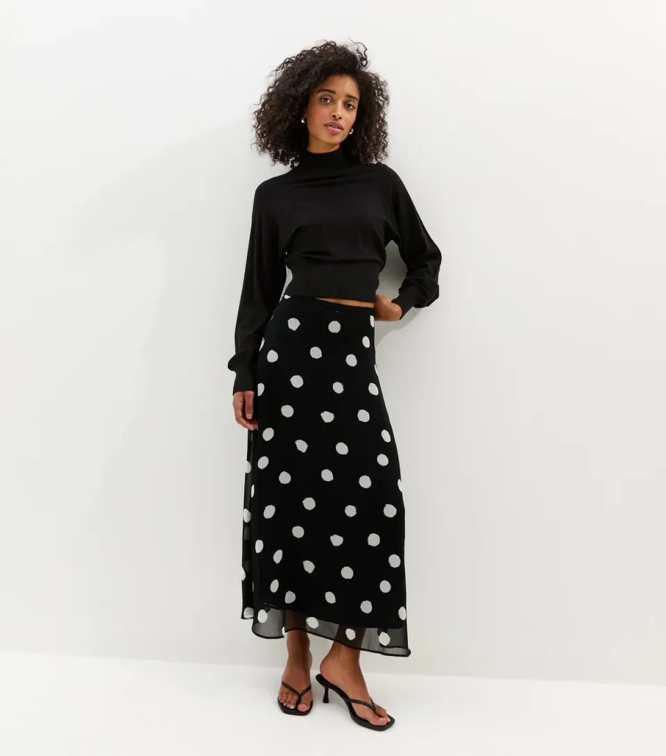 Women's Black Chiffon Polka Dot Bias Cut Midi Skirt