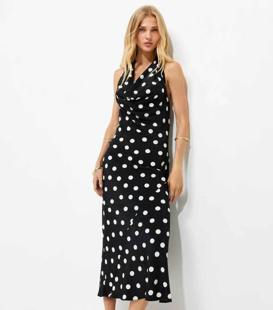 Women's Black Satin Polka Dot Cowl Halterneck Midi Dress
