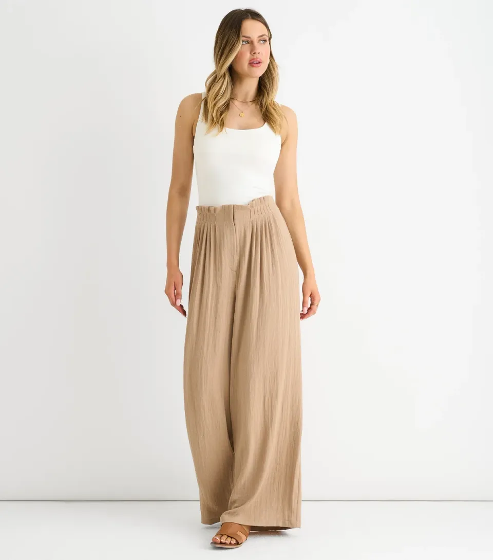Women's Camel Gathered Paperbag Wide Leg Trousers