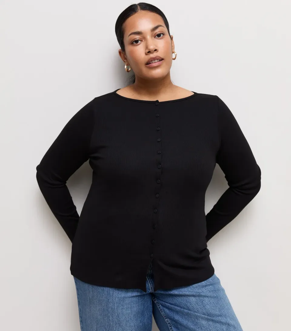 Women's Plus Size Black Cotton Rich Long Sleeve Button Front Top Curves