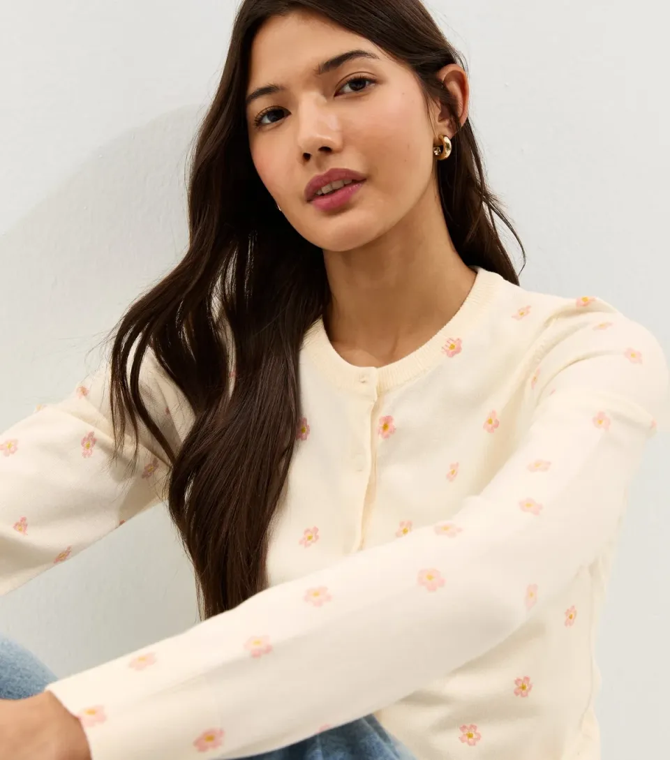 Women's Cream Lightweight Floral Crew Neck Cardigan