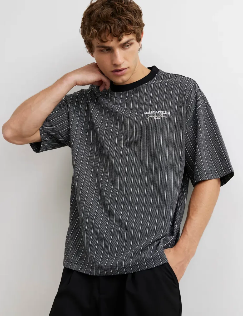Oversized Pure Cotton Striped Short Sleeve T-Shirt Black Mix