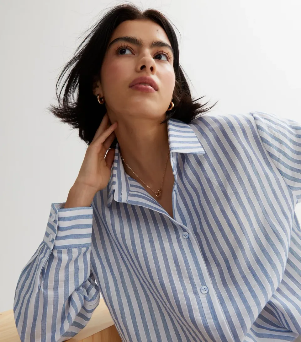 Women's Blue Cotton Stripe Oversized Shirt