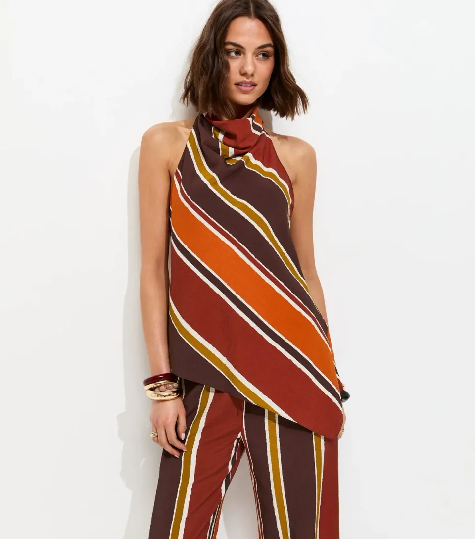Women's Brown Diagonal Stripe Cowl Neck Asymmetric Top