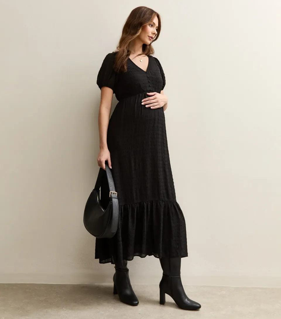 Women's Maternity Black Checked Short Sleeve Midi Dress