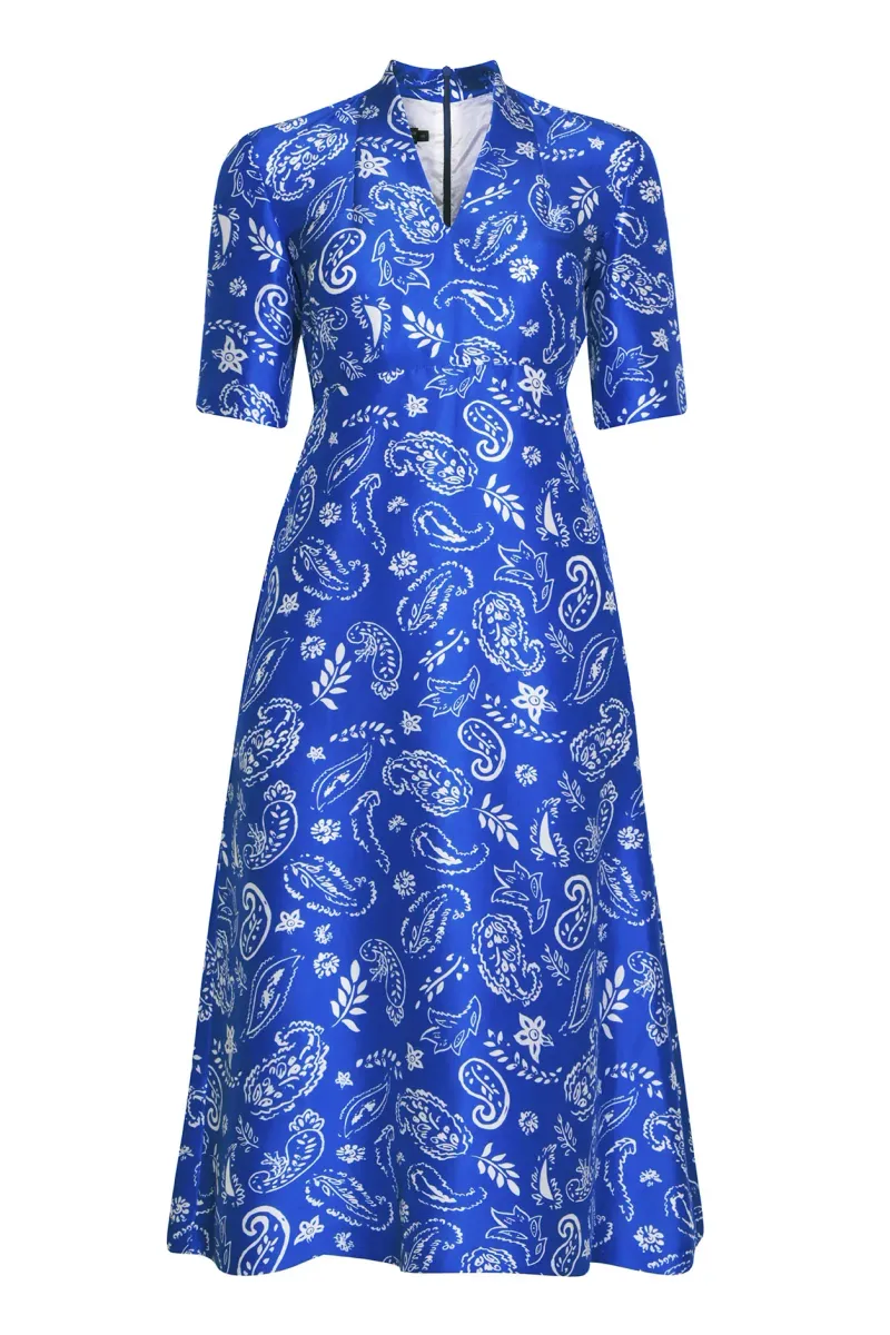 Silk Dress with A-line Skirt in Royal Blue/Ivory Paisley Print - Emi