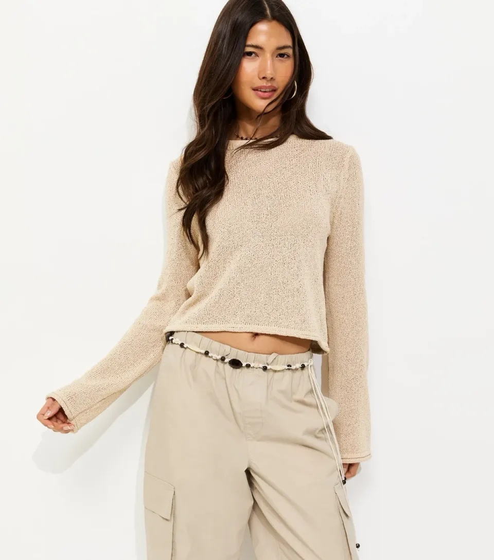 Women's Oatmeal Cotton Rich Cropped Textured Jumper