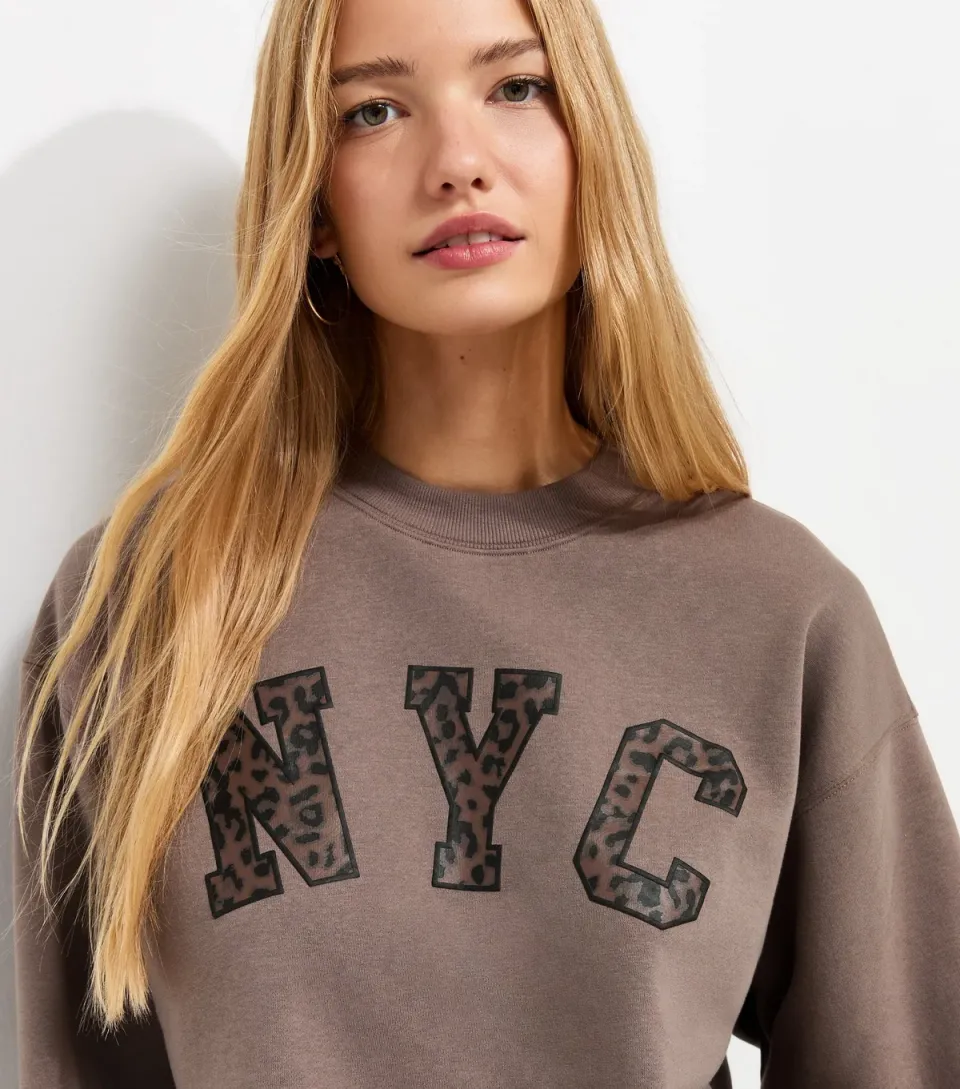Women's Light Brown Cotton Rich Leopard Print NYC Sweatshirt