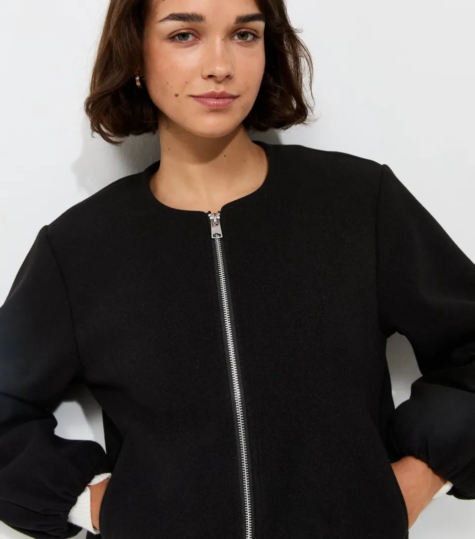 Women's Black Collarless Zip Through Bomber Jacket