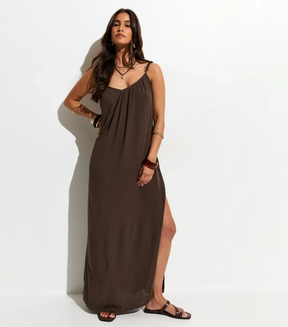 Women's Dark Brown Crinkle Texture Beaded Maxi Dress