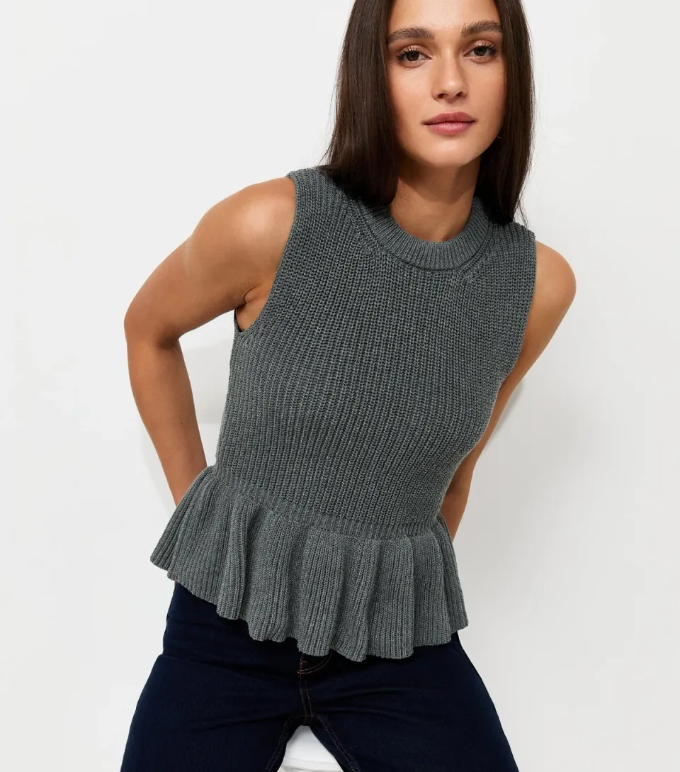 Women's Dark Grey With Cotton Ribbed Knit Peplum Hem Vest Top