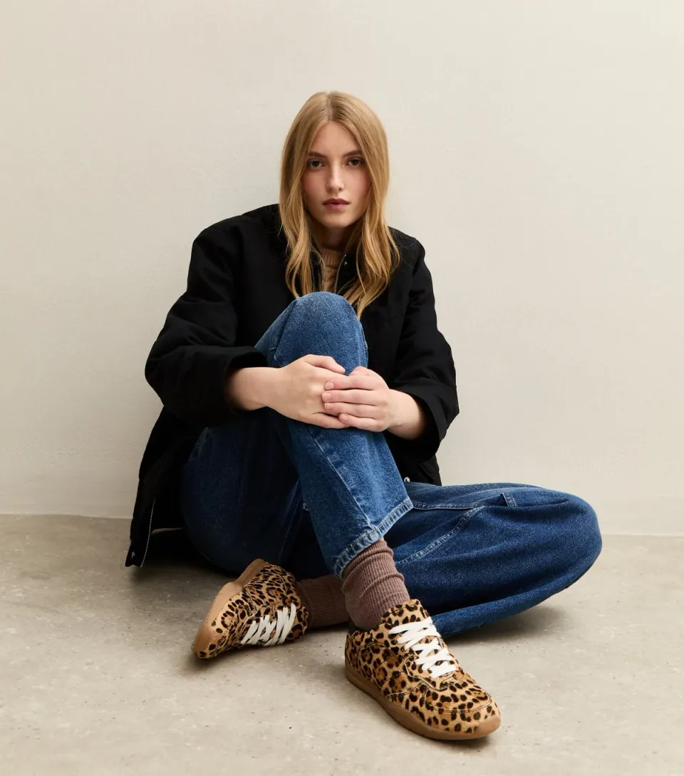Women's Stone Leopard Print Leather Trainers