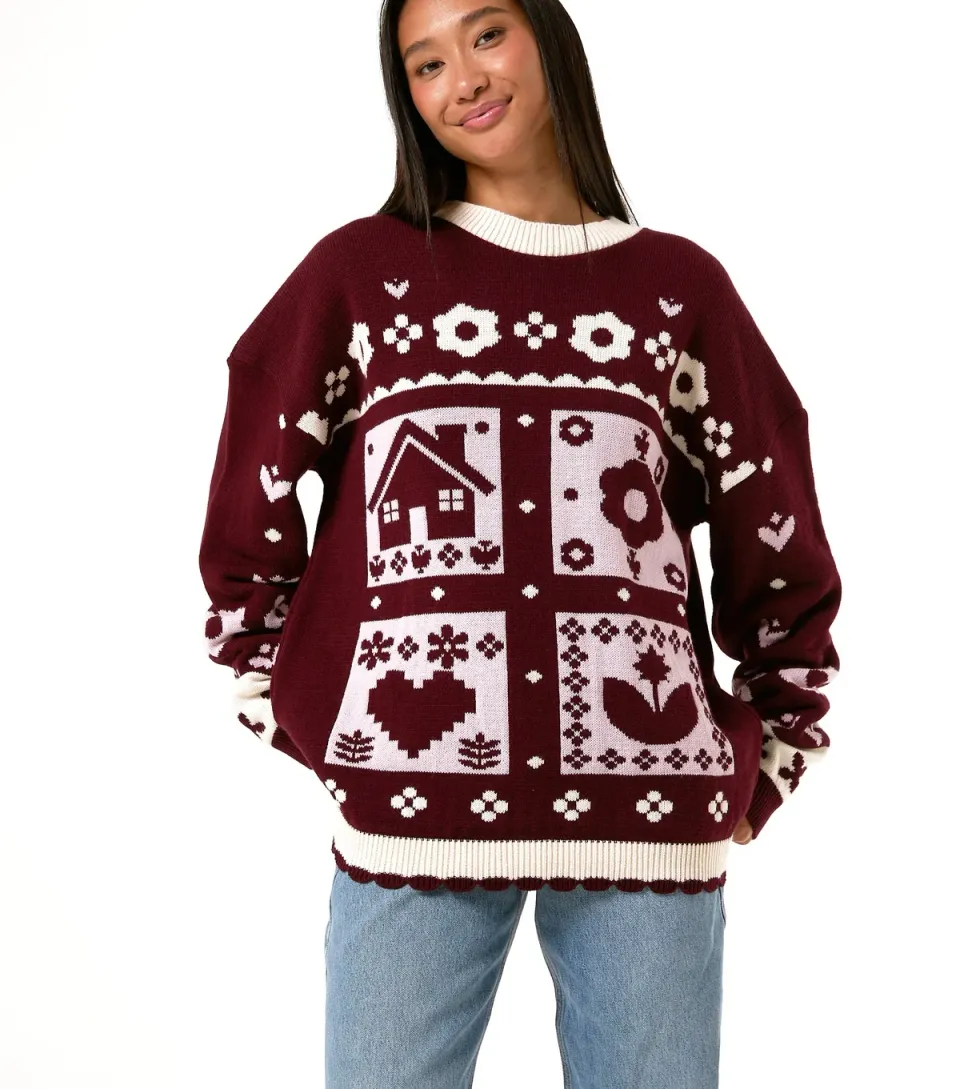 Women's Light Burgundy Cosy Cottage Oversized Knitted Jumper
