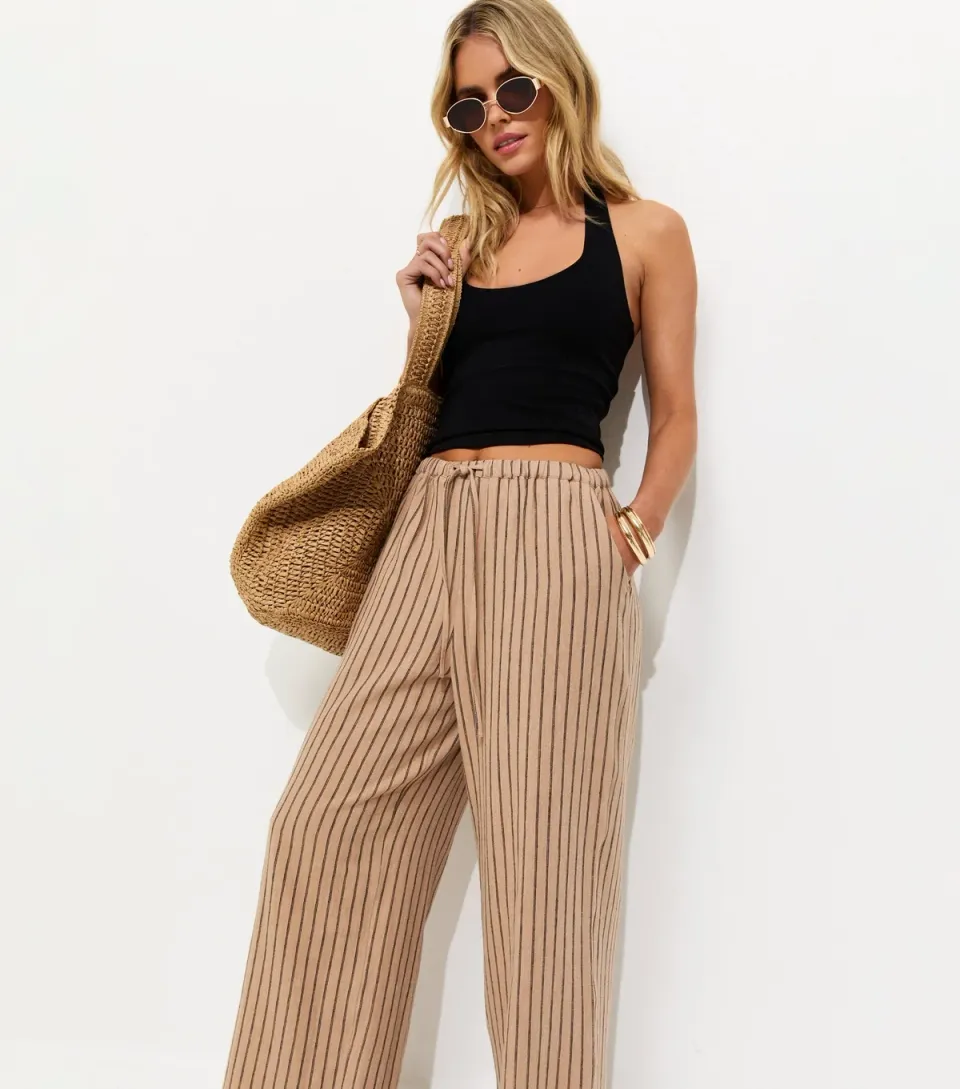 Women's Petite Brown Striped Cotton Wide Leg Trousers