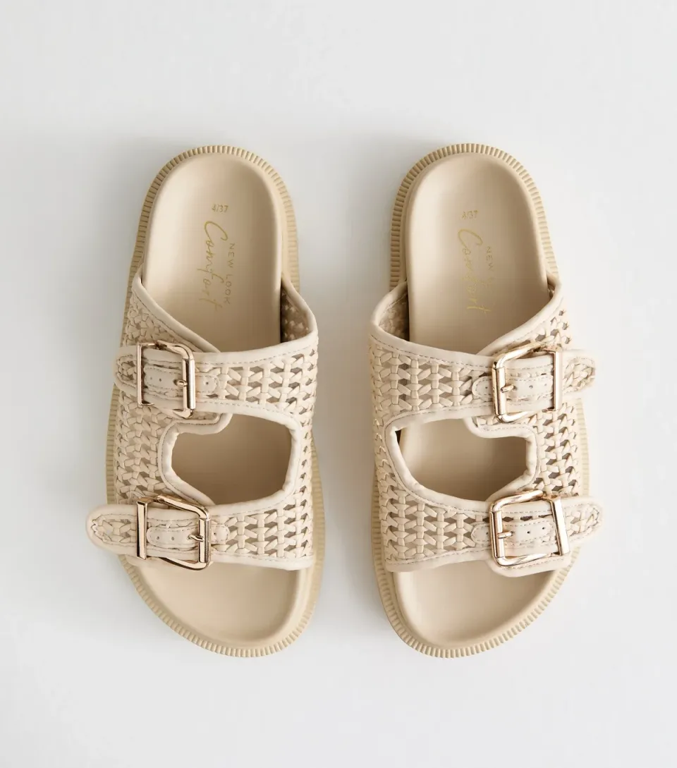 Women's Off White Basket Weave Buckled Strap Sandals