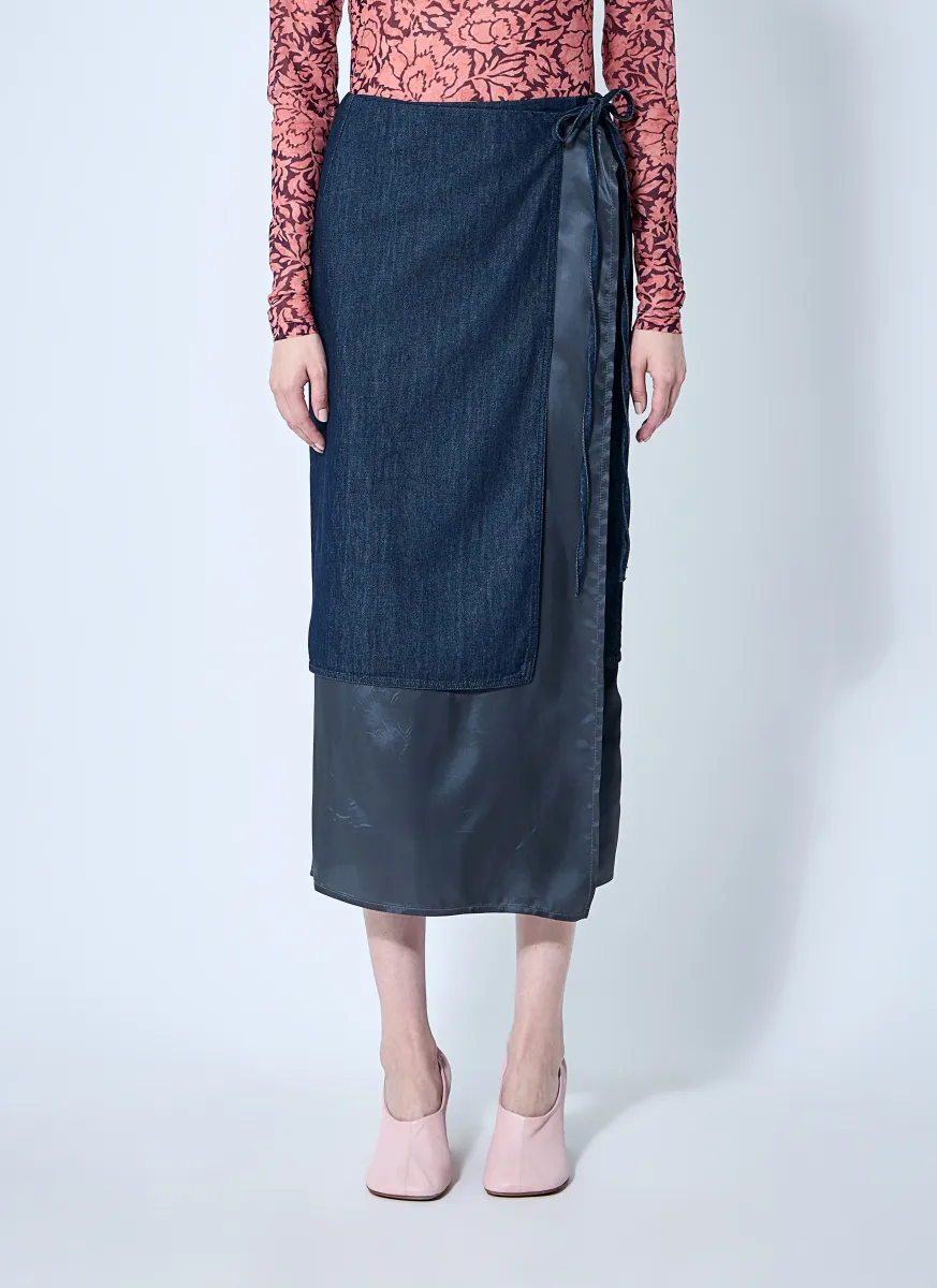 Denim And Satin Wrap Skirt