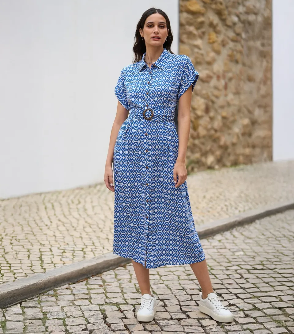 Women's Blue Geometric Print Shirt Dress
