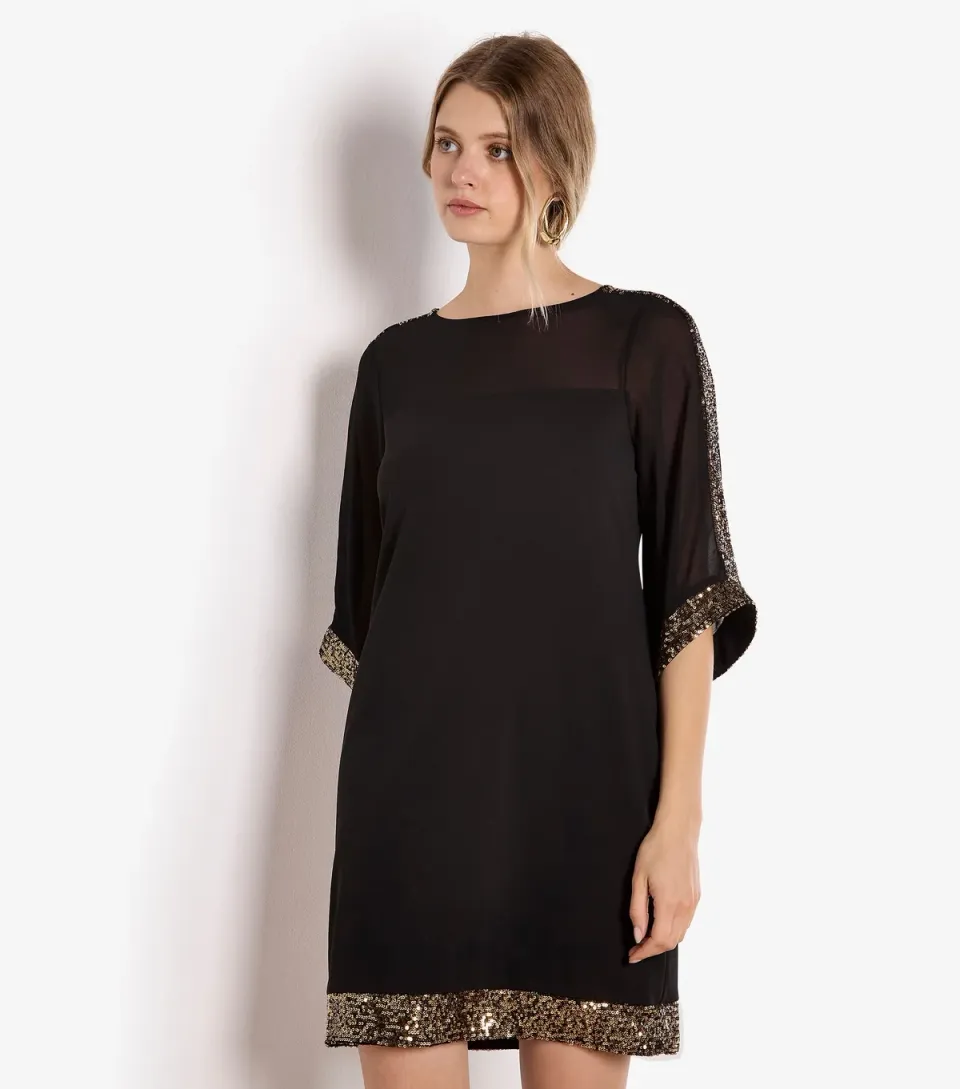 Women's Black Kimono Sequin Sleeve Dress