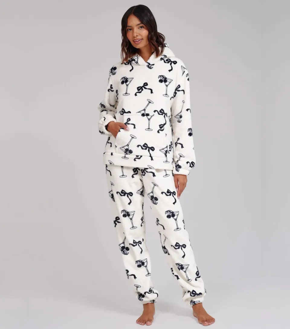 Women's Black Martini Bow Print Fleece Hood