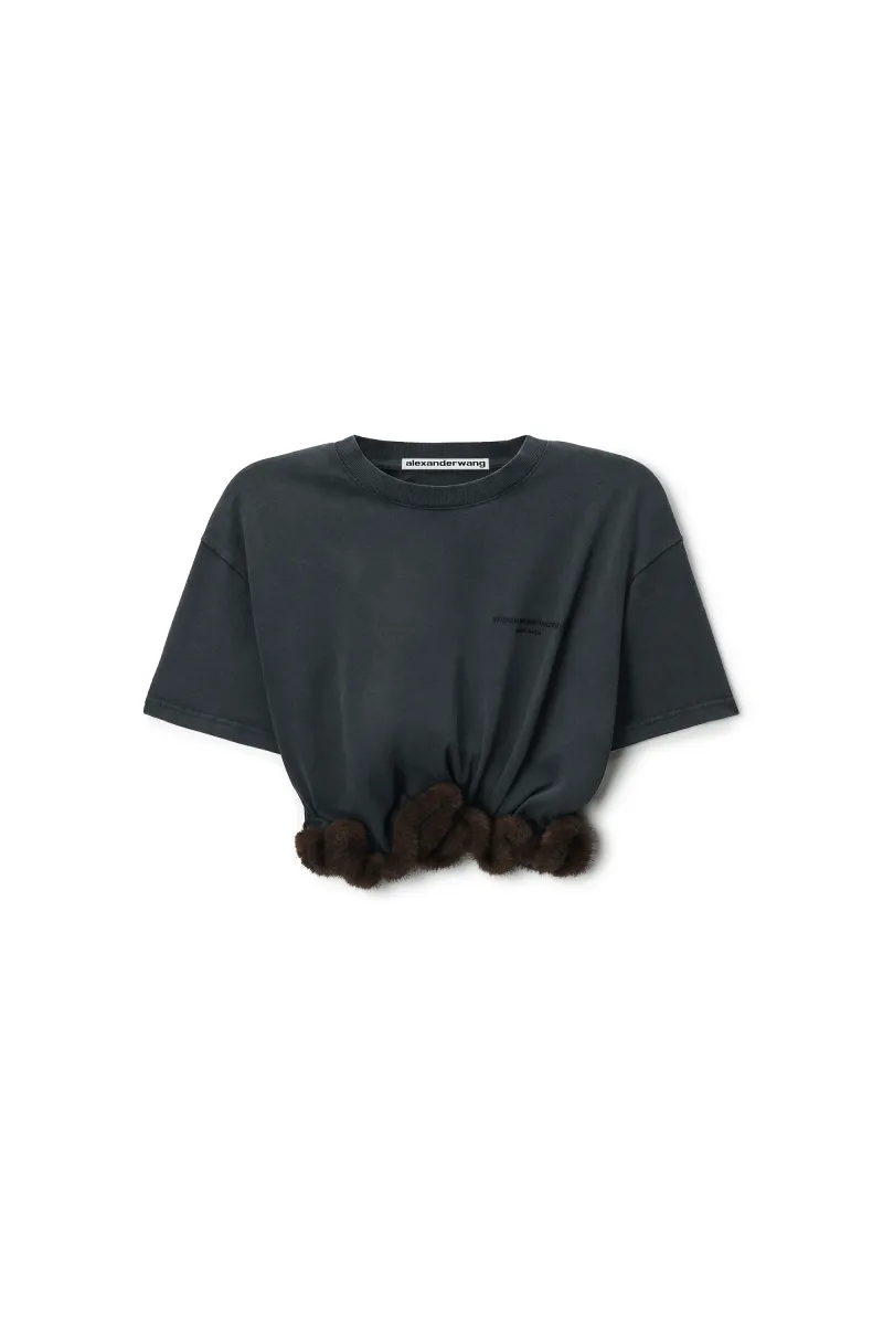 FAUX FUR TRIM SHORT SLEEVE TEE