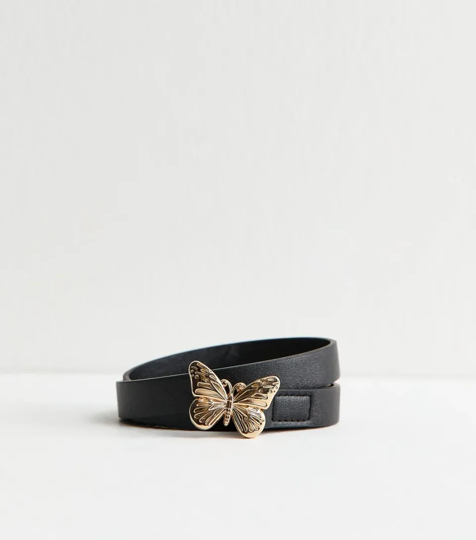 Black Faux Leather Butterfly Buckle Belt