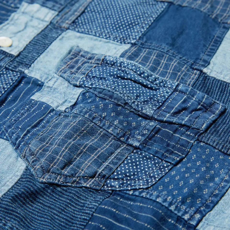 Short Sleeve Indigo Panel Patchwork Shirt
