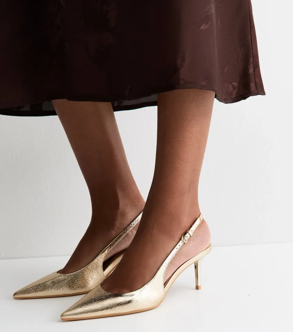 Women's Gold Faux Leather Pointed Toe Slingback Pumps