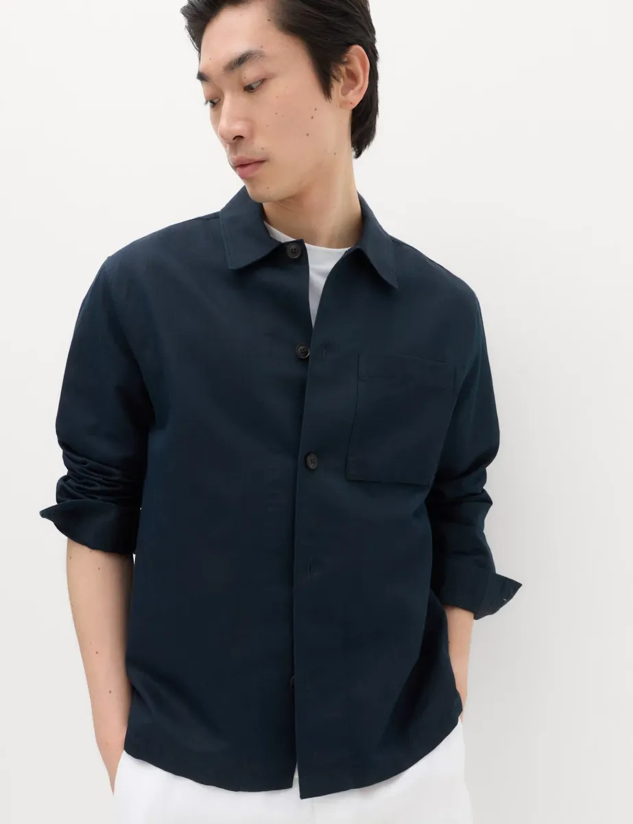 Regular Fit Cotton Linen Blend Overshirt Navy