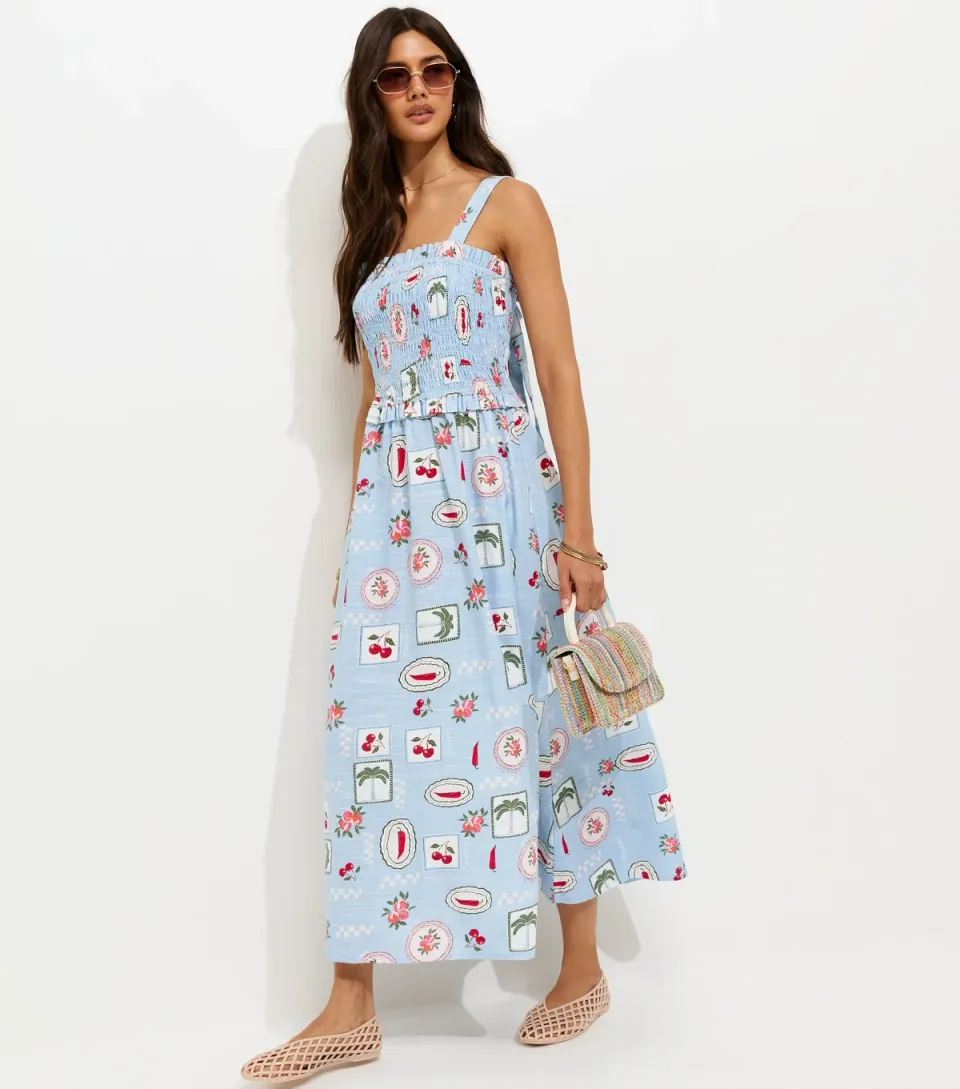 Women's Blue Patchwork Print Shirred Bodice Midi Dress