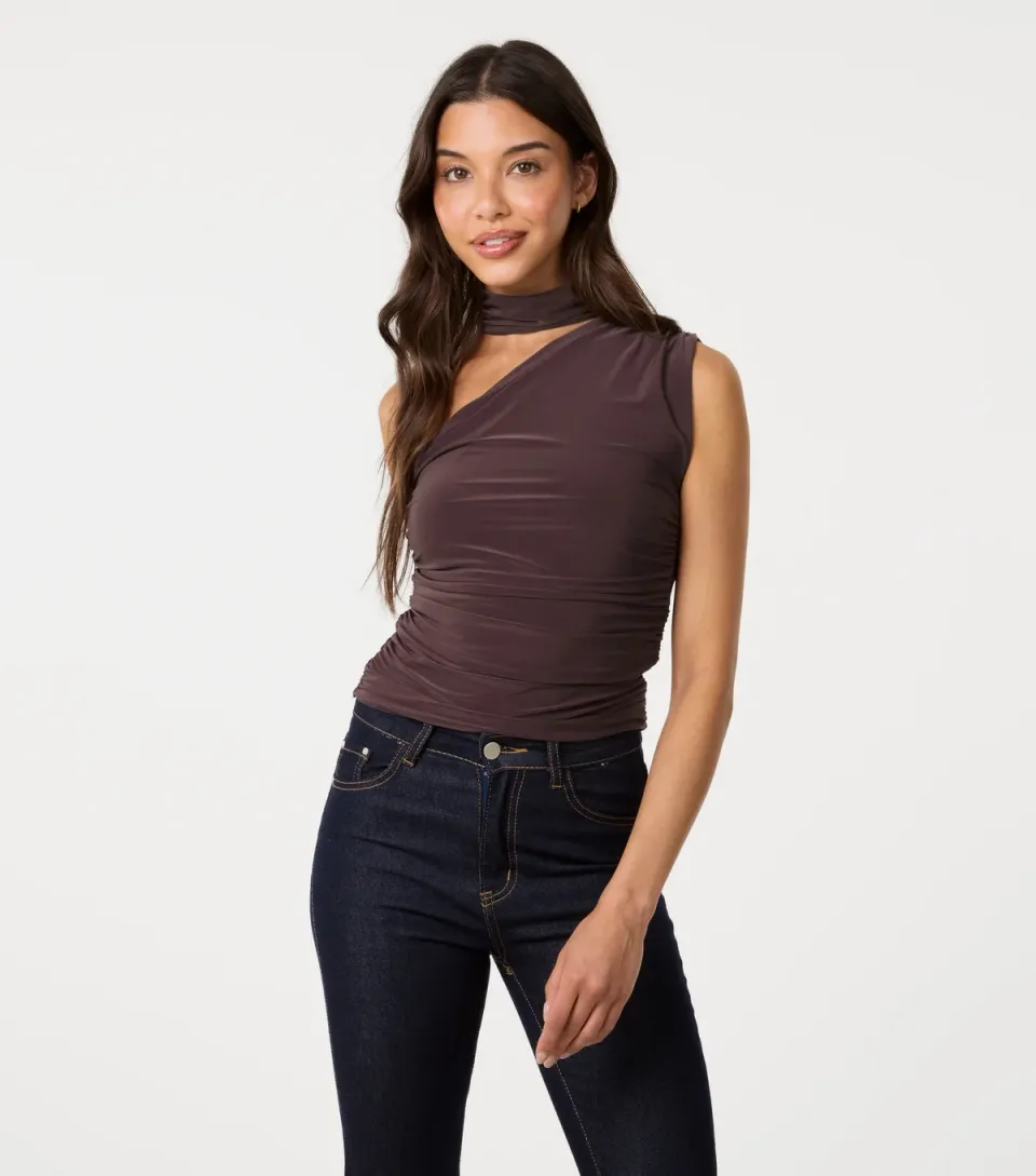 Women's Dark Brown Slinky One Shoulder Halter Neck Top
