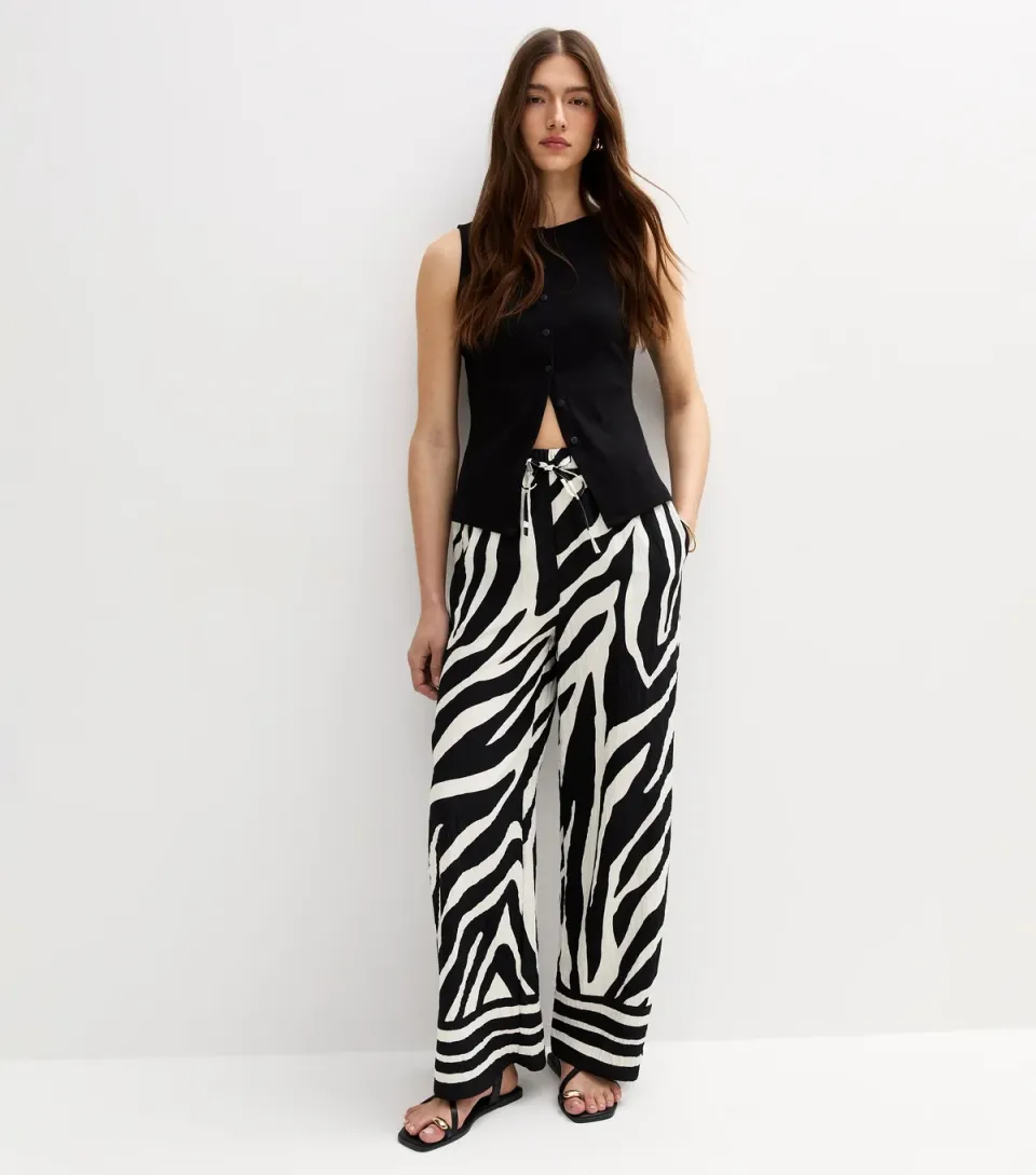 Women's Black Zebra Print Wide Leg Trousers