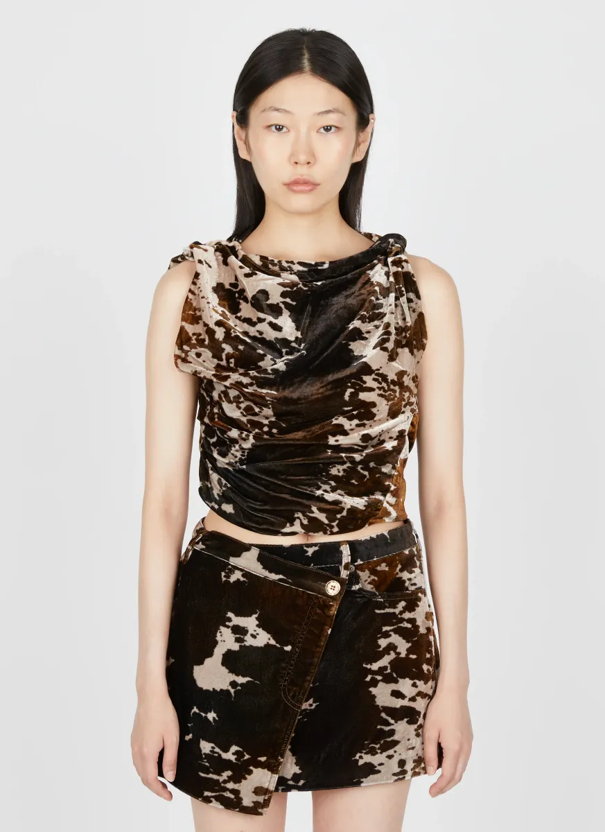 Cowl-neck Velvet Cow Print Top
