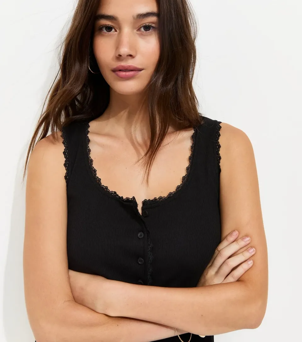 Women's Black Cotton Rich Lace Trim Button Through Vest