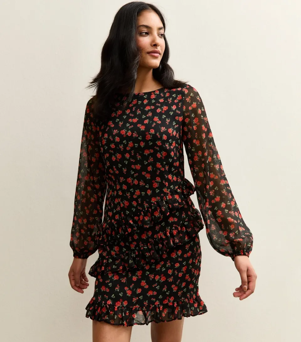 Women's Black Floral Ruffle Long Sleeve Chiffon Mini Dress