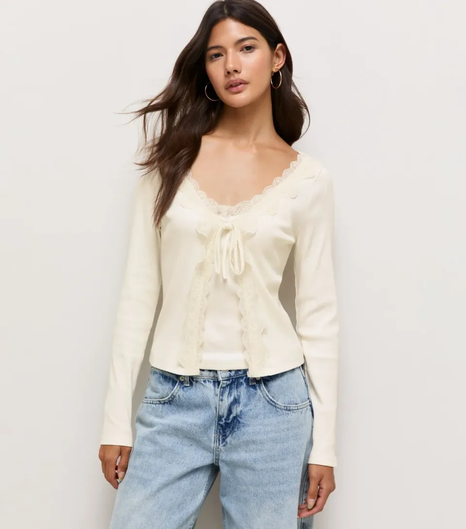 Women's Cream Cotton Rich Tie Front Long Sleeve Lace Trim Top