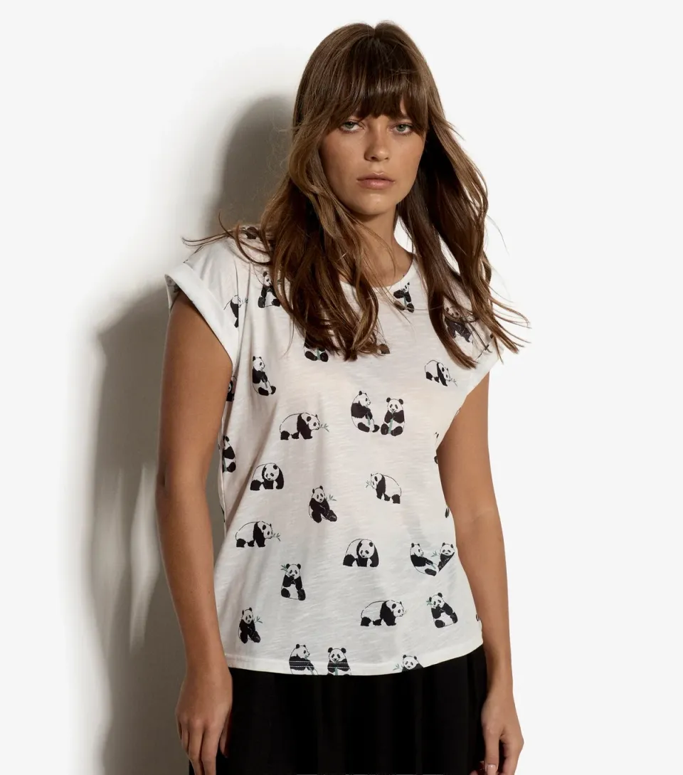 Women's White Jersey Panda Print T-Shirt