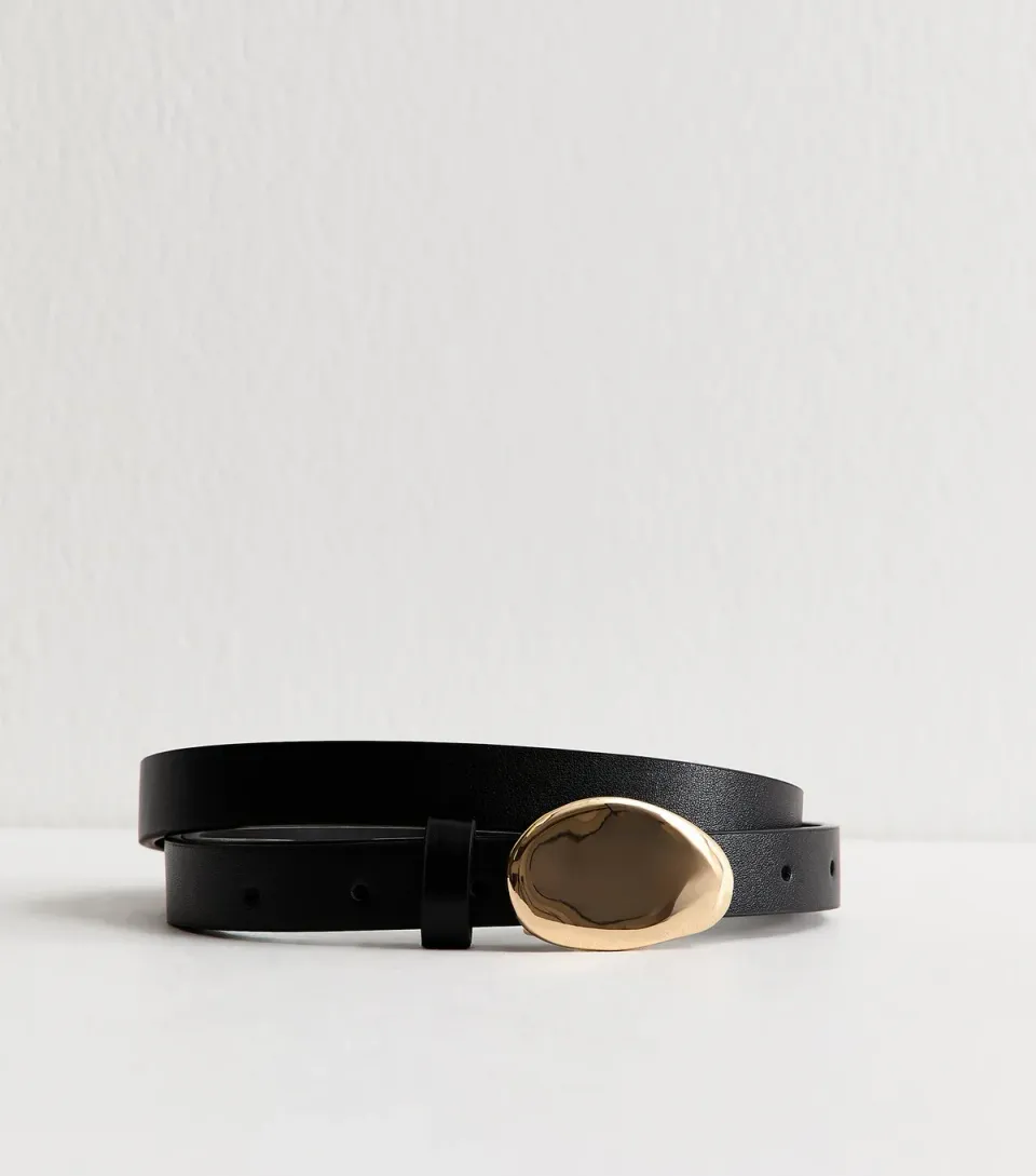 Black Faux Leather Gold Tone Abstract Belt