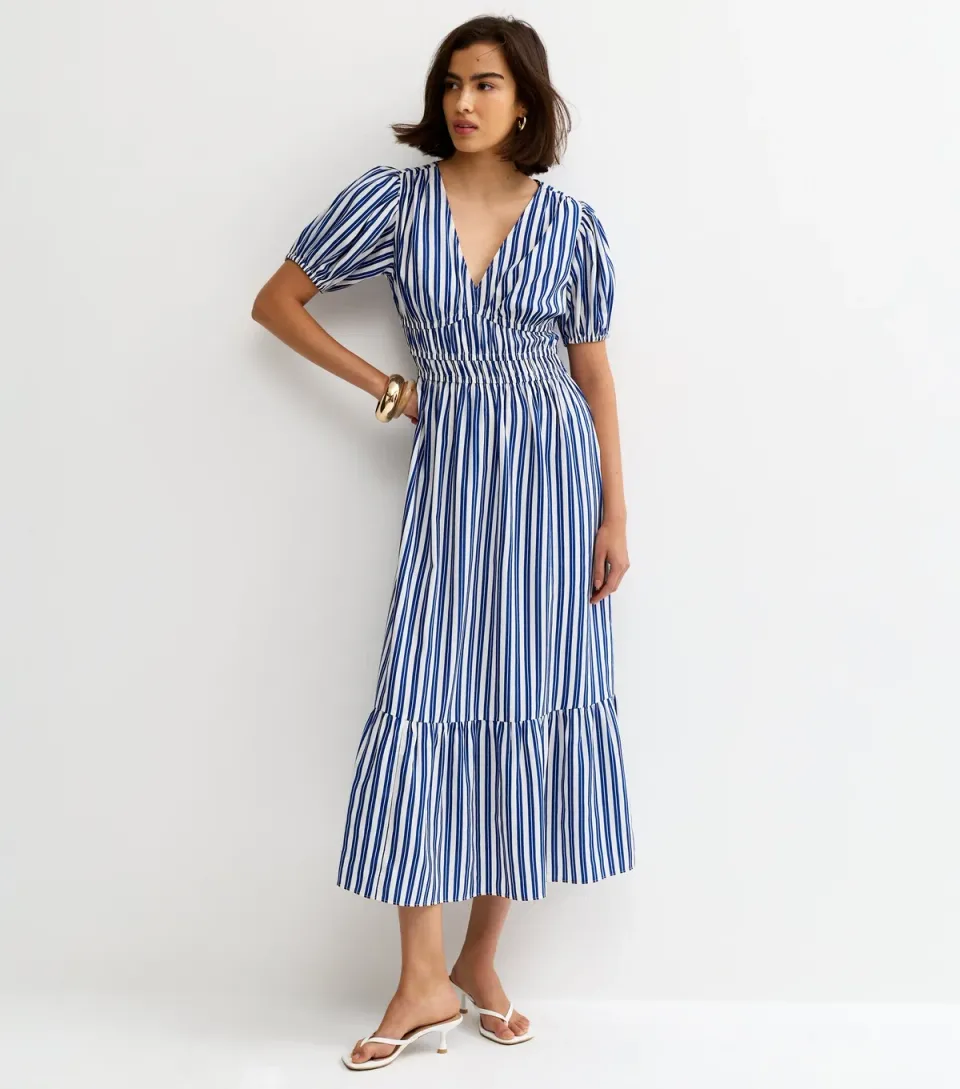 Women's Blue Crepe Striped V-Neck Short Sleeve Midi Dress