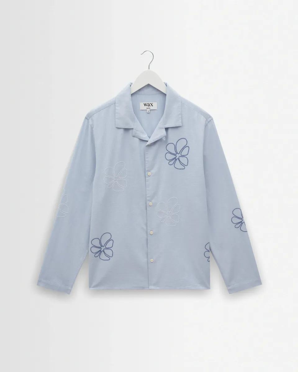 Corey - Blue Cross Stitch Doodle Cotton-Linen Shirt