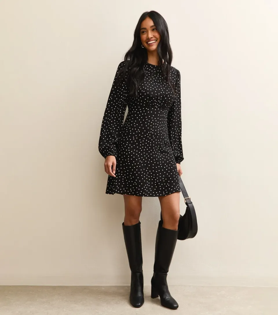 Women's Black Polka Dot Long Sleeve Flutter Mini Dress
