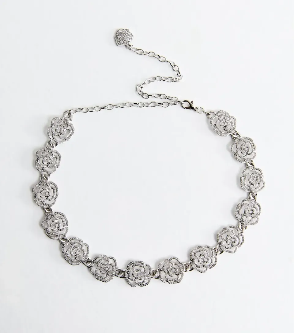 Silver Ton Diamante Floral Chain Belt