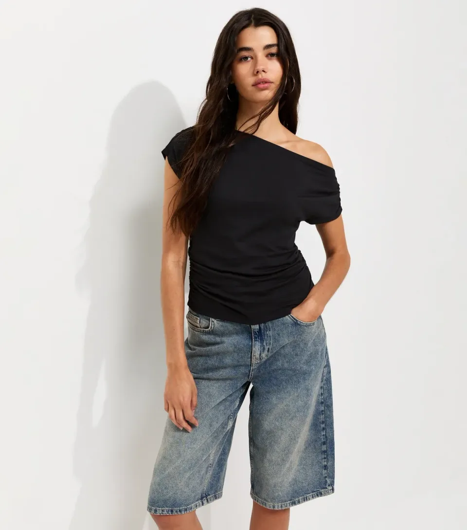 Women's Black Cotton Jersey Off the Shoulder Ruched Top