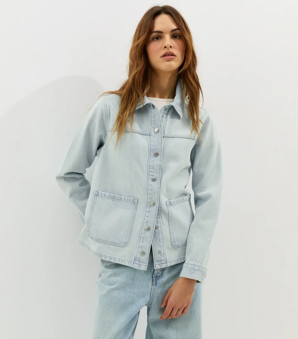 Women's Light Blue Faded Denim Shacket