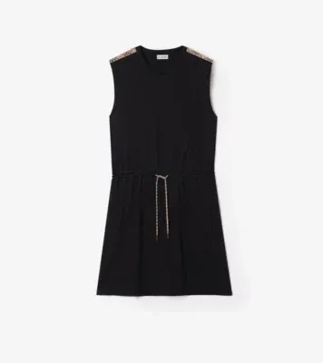 Check Trim Cotton Jersey Dress in Black