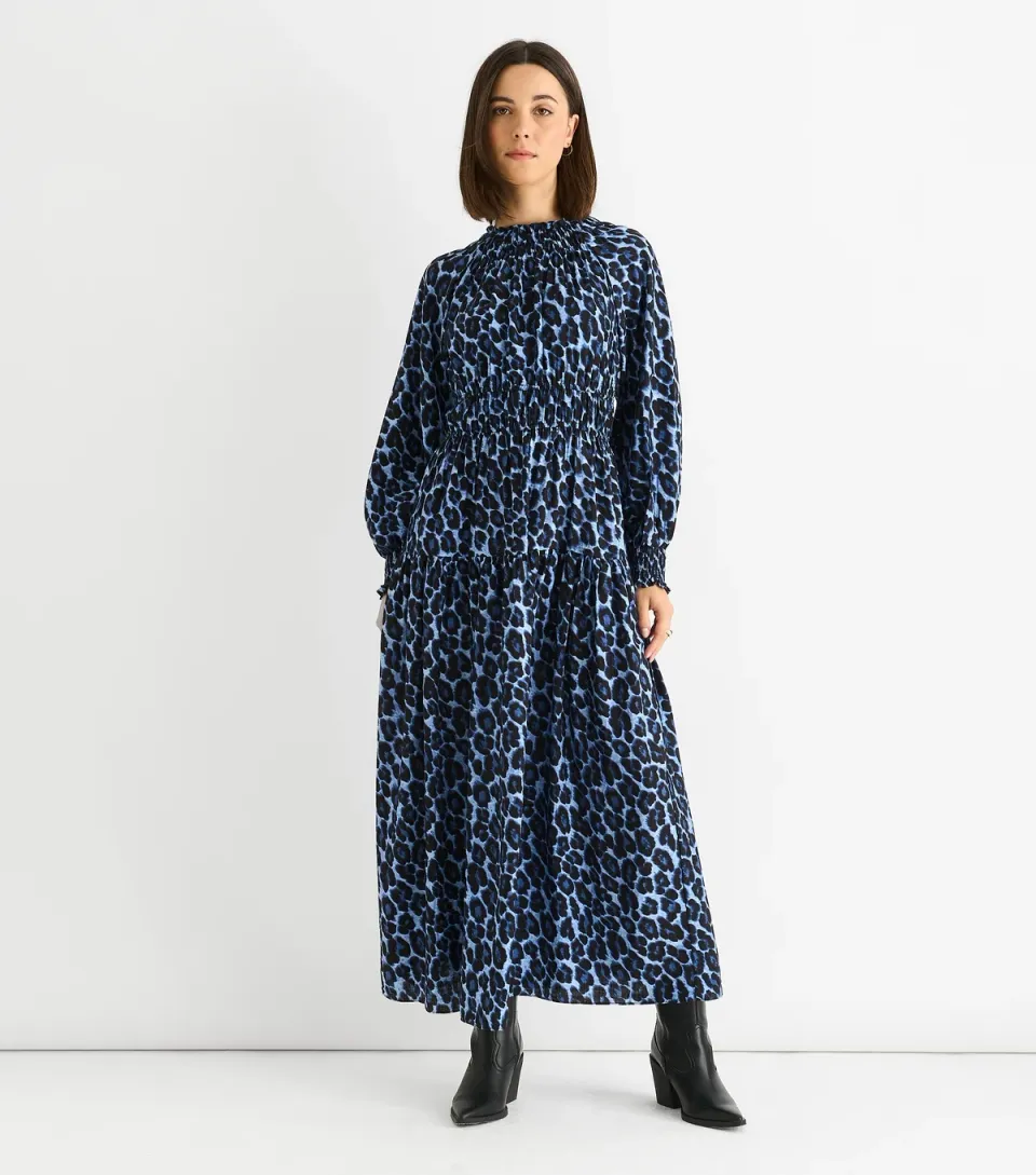 Women's Blue Animal Print Shirred Midi Dress