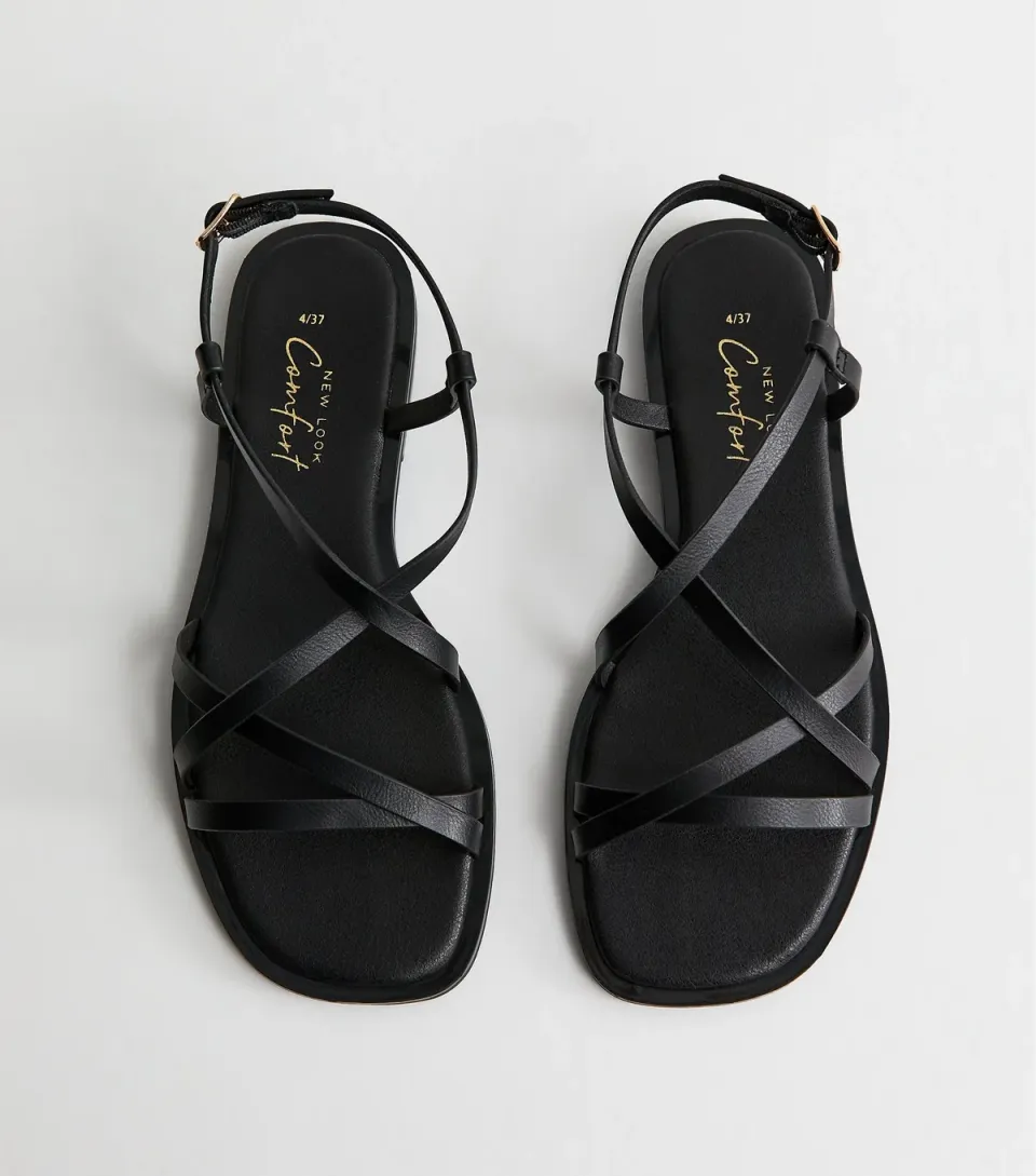 Women's Black Faux Leather Strappy Square Toe Flat Sandals Vegan