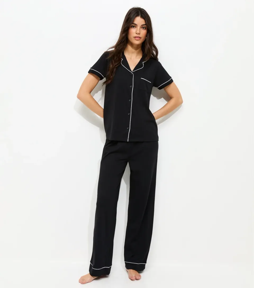 Women's Black Contrast Piping Revere Shirt and Trousers Pyjama Set