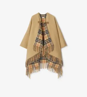 Check Wool Clip Cape in Sand beige